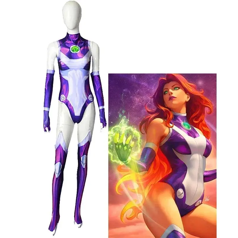 Anime Teen Titans Starfire Jumpsuit Cosplay Costume Superhero Bodysuit Koriand'r Cosplay Halloween Costume Props Zentai Catsuit