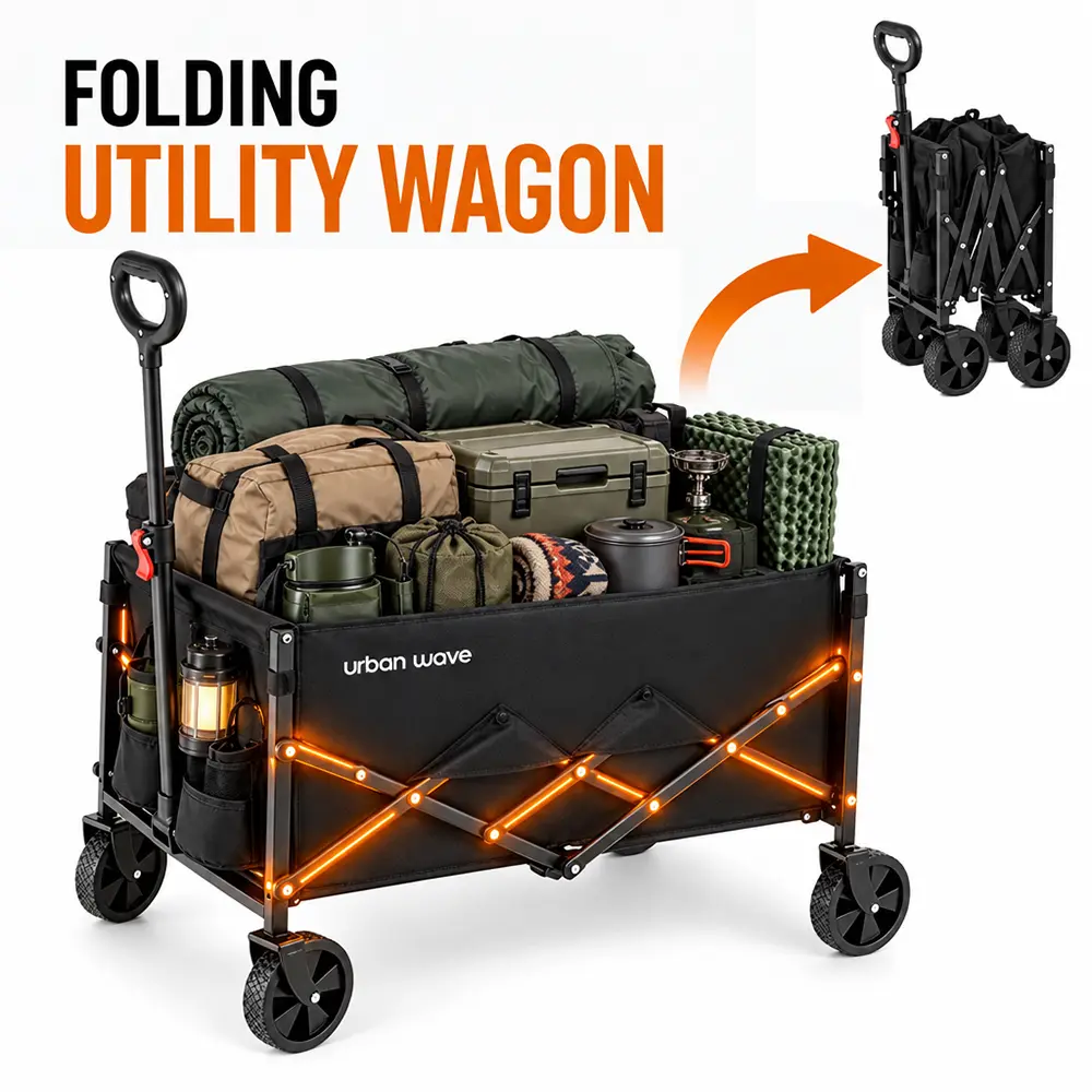 URBANWAVE Lightweight Collapsible Wagon, 450lbs Capacity, Quick-Fold Cart Lightweight foldable wagon cart with 220 lb steel frame, tool-free setup and auto-rebound handle for shopping and camping.