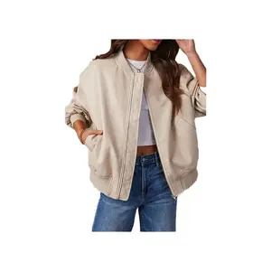Ember Beige Leather Bomber Jacket - 100% Real Leather with Rib Knitted Waist & Cuffs