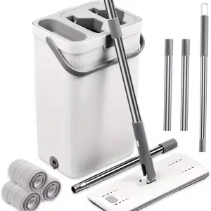 Home Cleaning Mop And Bucket Set, Hands-Free Flat Mop, 64-Inch Adjustable Extension Handle (Including 3 Replacement Mop Heads), Wet And Dry Mop Set, Washable Microfiber Pads for Kitchen, Bathroom, Bedroom And Living Room Floors, Floor Cleaning System