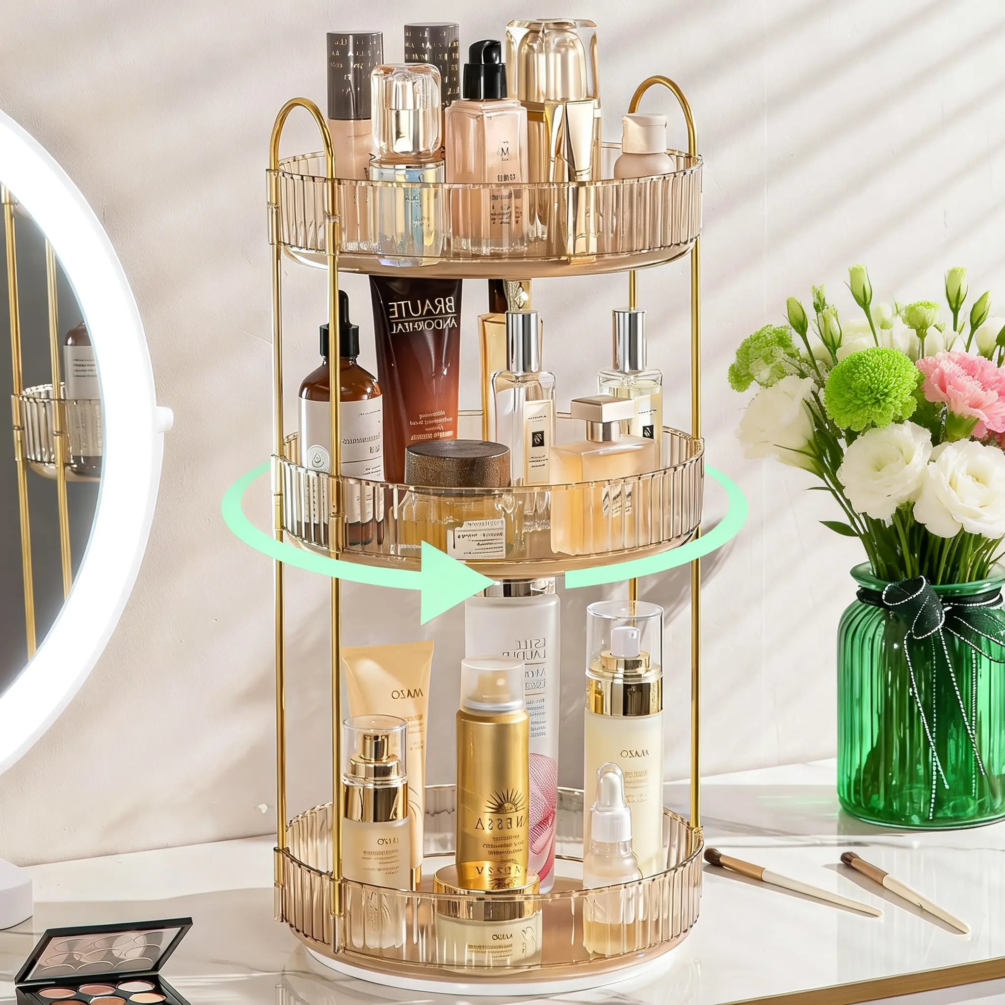 RaybeeFurniture Gold 360° Rotating Makeup Organizer - 2-3 Tier Space Saving, Durable, Sturdy Storage Organizer for Vanity Countertop, Skincare, Perfume Display, Modern Home Decor, Bathroom Holder, Women's Holiday Gift
