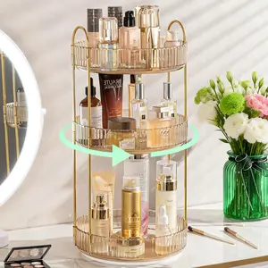 RaybeeFurniture 360° Rotating Gold Makeup Organizer, 2-3 Tier Large Capacity Beauty Storage, Skincare & Perfume Display, Vanity Countertop Cosmetic Holder,Perfect Gift for Women, Christmas Birthday Holiday Present, Bathroom Spinning Organizer