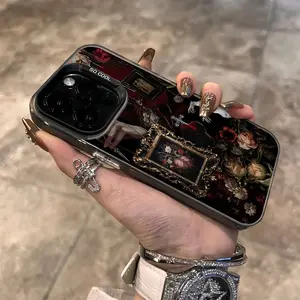 Compatible with iPhone 16 15 Pro Max Plus 14 13 12 11 X XR Vintage Red Element Rose Heart Hand Vintage Pattern Durable Shockproof Anti-Scratch PC Protective Cellphone Case Valentine Gift For Girls and Women