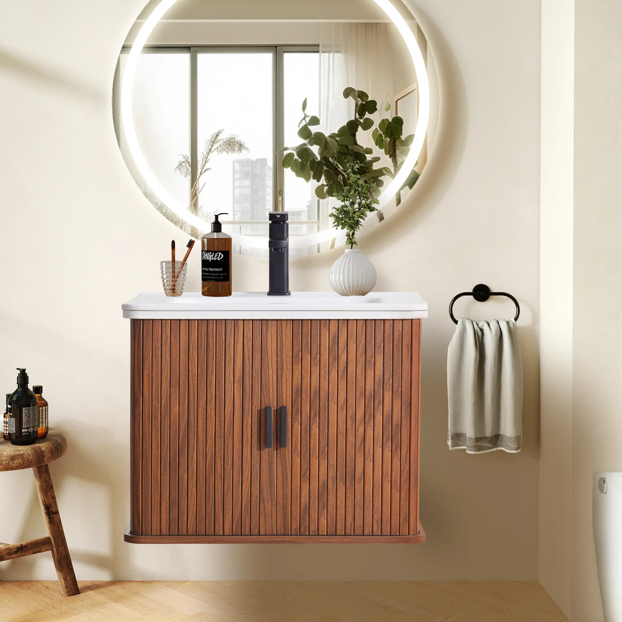 Giratree 24-inch Modern Farmhouse Floating Bathroom Vanity with Sink - Wall-Mounted Cabinet, Fluted Sliding Doors, Ceramic Vessel Sink, Faucet, Drain, Hot/Cold Supply Lines, Conceals Plumbing for Cramped Layouts Small Spaces, 24 Inches