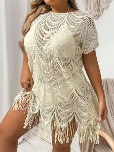Plus Size Fringe Hem Hollow Out Cover Up Dress - Beachwear Bikini Tunic