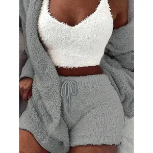 Women'S Solid Color Plush Three-Piece Pyjama Set, Fluffy Pajamas, Casual Comfy V Neck Cami Top & Hooded Coat & Tie Front Shorts Loungewear Set, Pajama Sets Women, Women'S Sleepwear For Winter, Fluffy Pajamas, Cute Pajama Sets, Sleep Sets, Womenswear,Pjs..