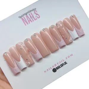 Pink press on French Nails with Charms and Bling - Nail Kit in All Sizes - Nail Art and Nail Care