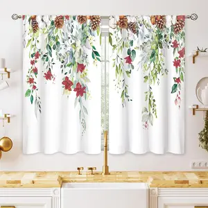 Floral Curtains, Red Flower Eucalyptus Botanical Leaves Sage Green Vintage Floral Drapes, 27.5x39 in Short Tier Curtains for Kitchen Window Over Sink & Bathroom Treatment, Vintage Floral Curtains