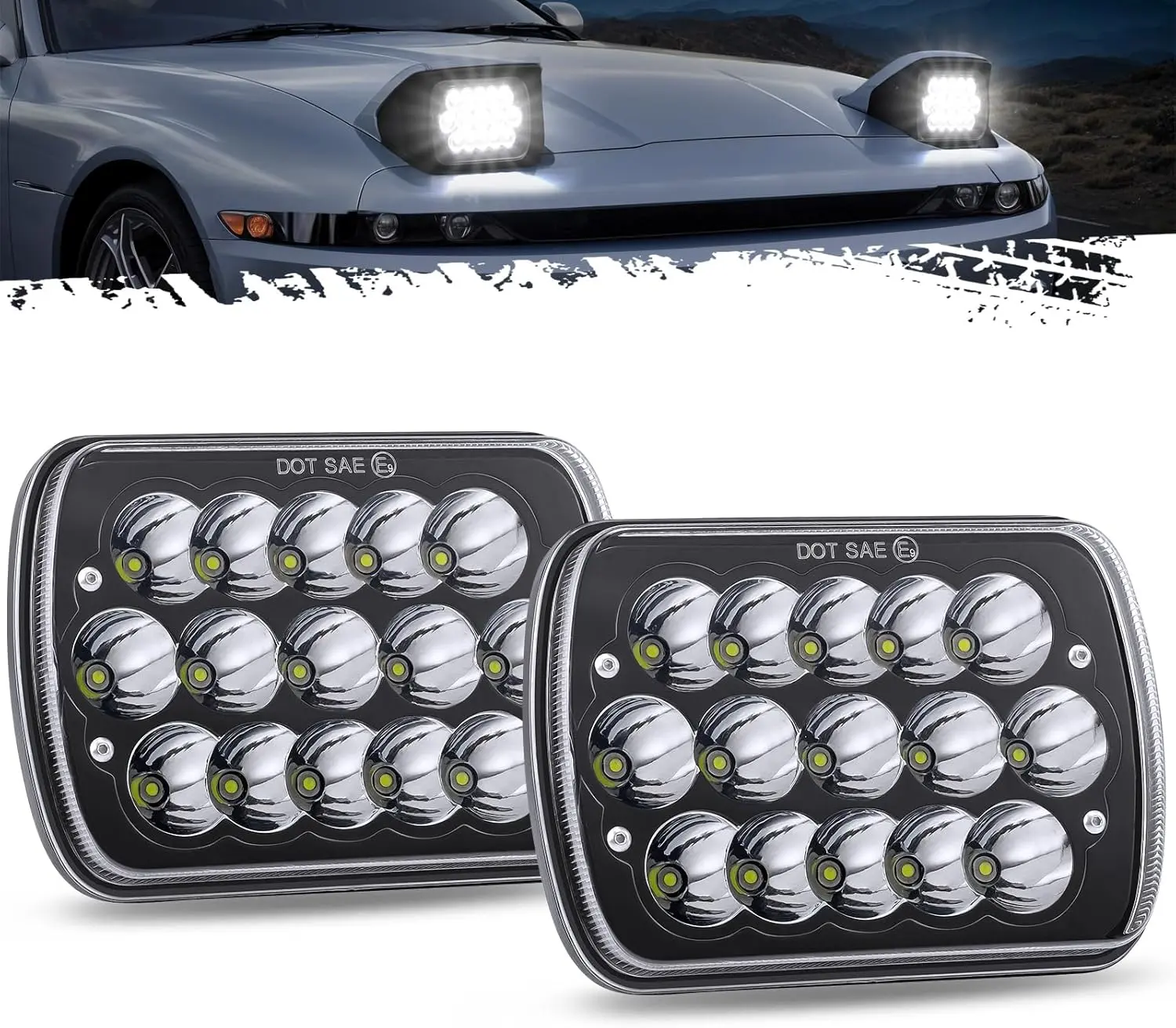 Partsam LED Headlight Assemblies for Cherokee XJ Wrangler YJ - Hi/Low Sealed Beam Lights with Blue Light DRL