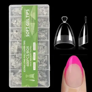 600Pcs Almond Nail Tips, Pre-Buff Clear Half Cover Short Artificial Nails Tips Clear Fake Nails 12 Sizes, Transparent & Solid Colors, Easy to Apply for Natural Nail Enhancement, Beauty Accessories, for DIY Nail Salon