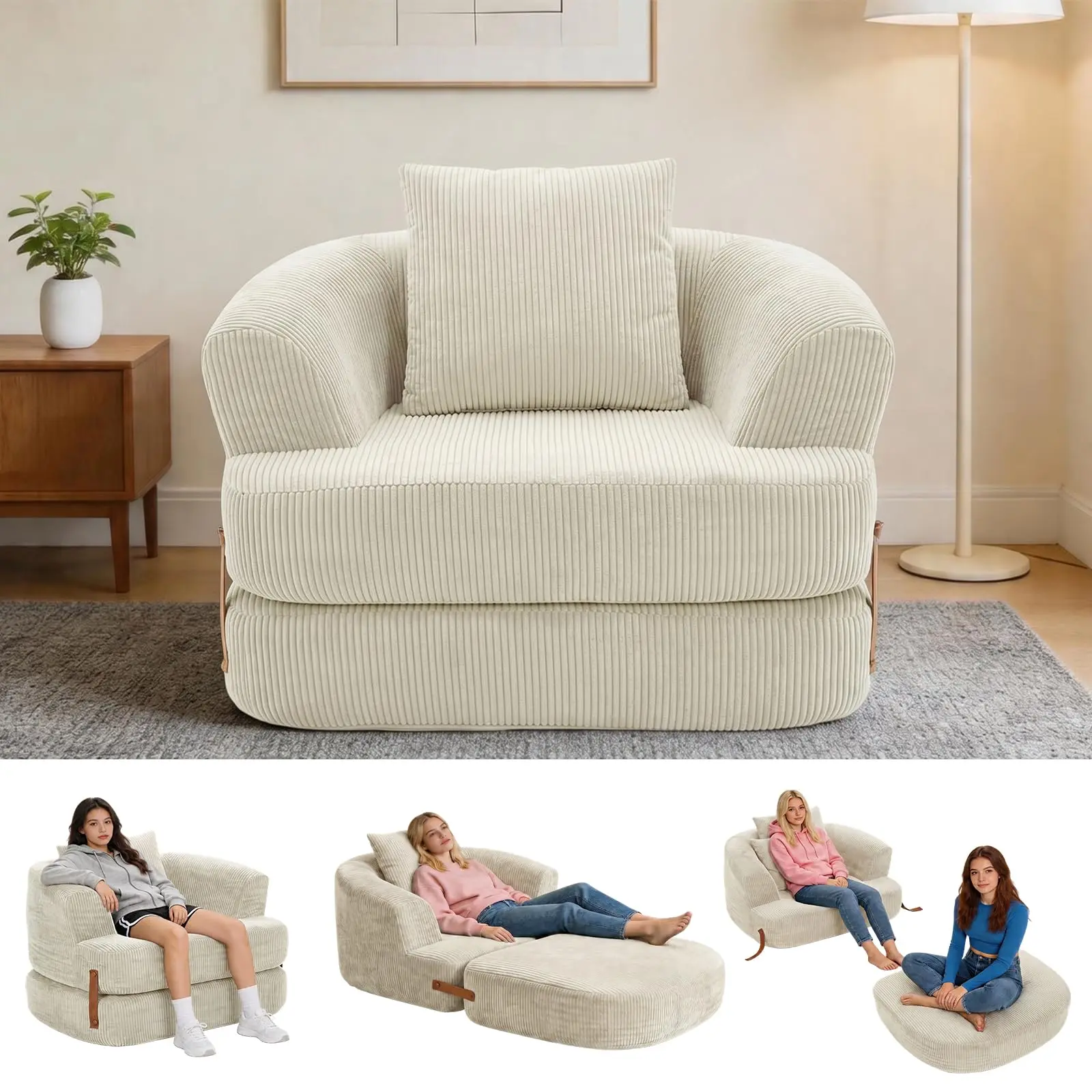 Modern 3-in-1 Convertible Folding Chair Bed - Dual-Layer Foam Cushions, Ergonomic Backrest, Washable Cover, Portable, Eco-Conscious Packaging, Chair for Bedroom, Home Offices, Movie Nights