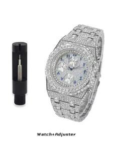 Men's Silver 43mm Arabic Diamond Watch with Fully Iced Band Octagon Dial Adjustable Strap Precise Japanese Quartz Movement Casual Trendy Wristwatch