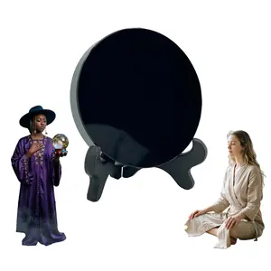 Black Obsidian Scrying Mirror, Obsidian Mirror with Stand for Divination, Meditation, Healing, Circle Disc Feng Shui Mirror with Stand, Home Desk Decor Crafts