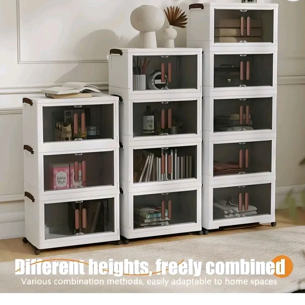 5 Tier Stackable Storage Bins with Lids and Wheels, Foldable Storage Boxes with Rolling Casters, Closet, Living Room, Home Office