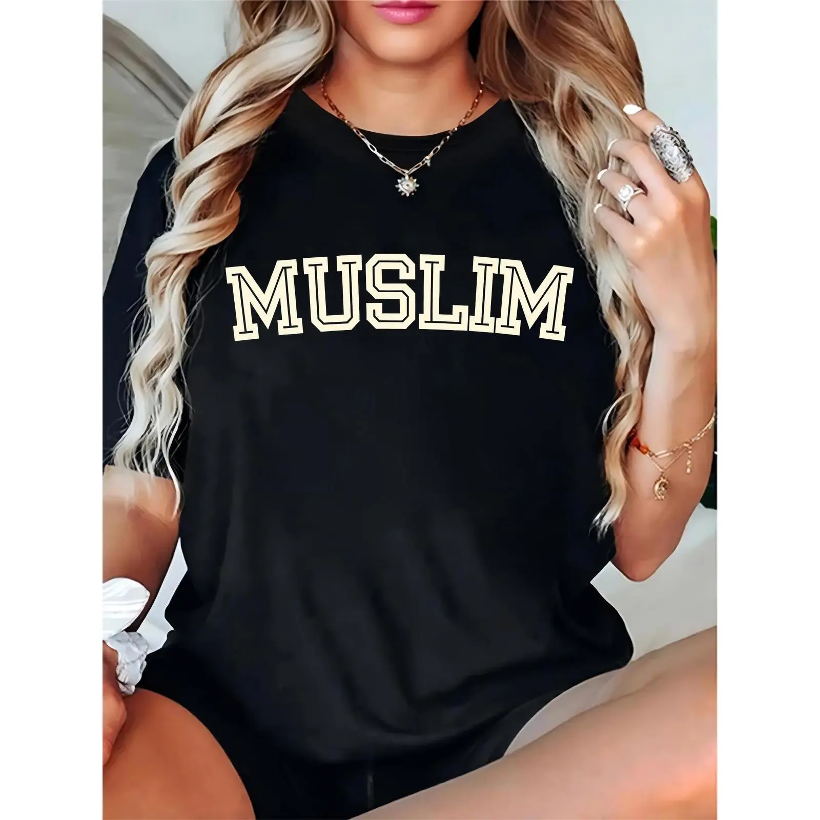 Women's Black Muslim Letter Print T - Shirt, Casual Religious Top for Muslim Women Daily Wear & Eid Festivals, Comfortable Cotton Blend Tee, Skirts, Day