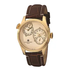 212 MAIN Charles-Hubert Paris Men's Gold IP-Plated Stainless Steel Tan Dial Quartz Dual Time Gold Watch with Multiple Time Zones, Quartz Watch, Gold Watches