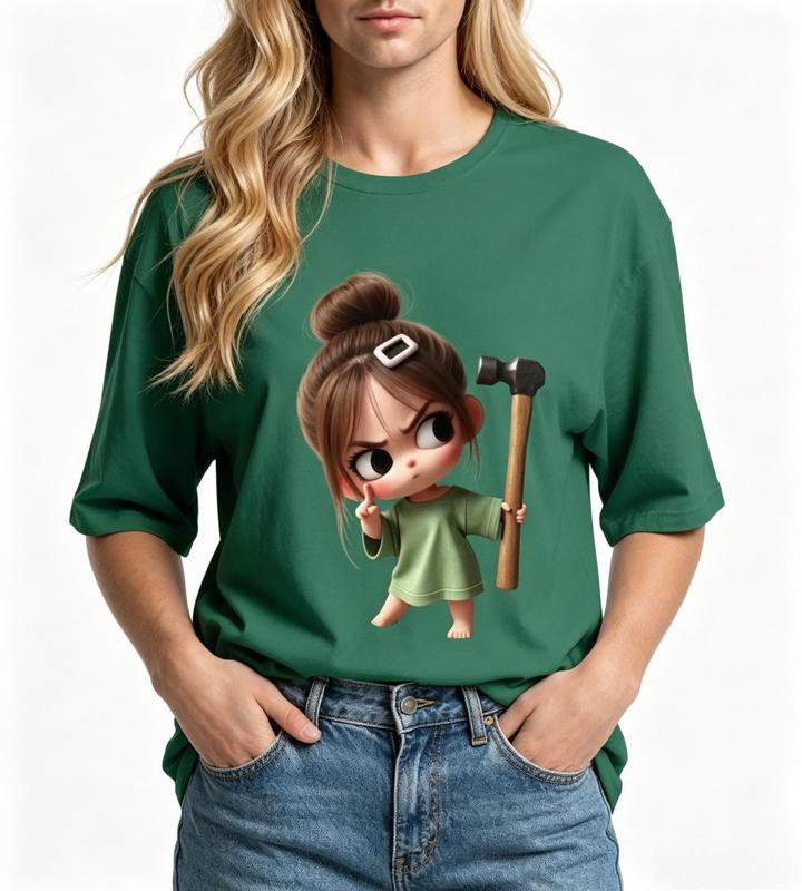 Women's Fitted Green Casual Graphic Print T-Shirt - Cute Angry Girl with Hammer, Comfortable Tops for Women, Ideal for Beach Wear