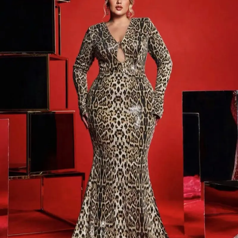 Formal Sequins Maxi Party Dress for Women - Leopard Print, Long Sleeve, Elegant Design, Perfect for Women's Wear - Womenswear