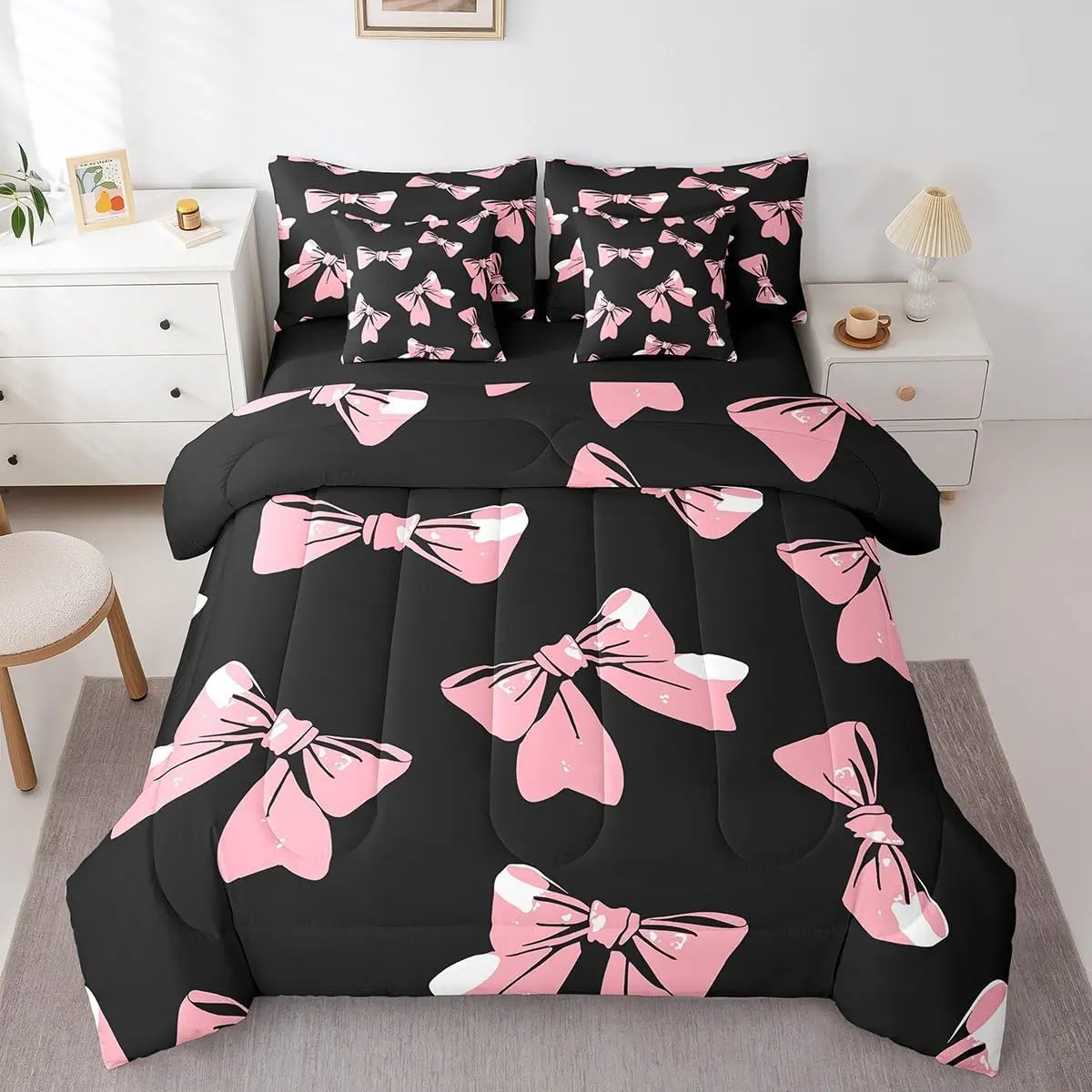 Feelyou 7-Piece Bowprint Fairy Princess Quilt Bedding Set - Black-Pink King Comforter in a Bag with Sheets, Pillowcases & Cushion Cover, Breathable, Durable, Machine Washable, Airdry for Cuddlesleeping