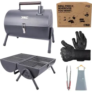 Charcoal Grill & Griddle Set – Compact Tabletop BBQ for Camping, Tailgate & Balcony – Kit with Apron & Tongs – Lid Adds Smoky Flavor