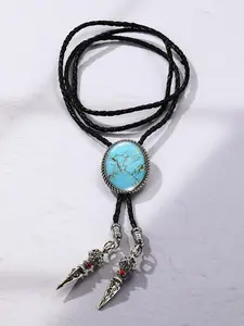 A Vintage Turquoise Bolo Tie for Men, Western Cowboy Style with Silver Vajra Pendant, Shirt Accessory