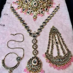 Pink  Traditional Maroon & Gold Kundan Bridal Set Heavy Choker Jhumka Earrings Maang Tikka Passa and Nath Full Dulhan Jewelry Collection