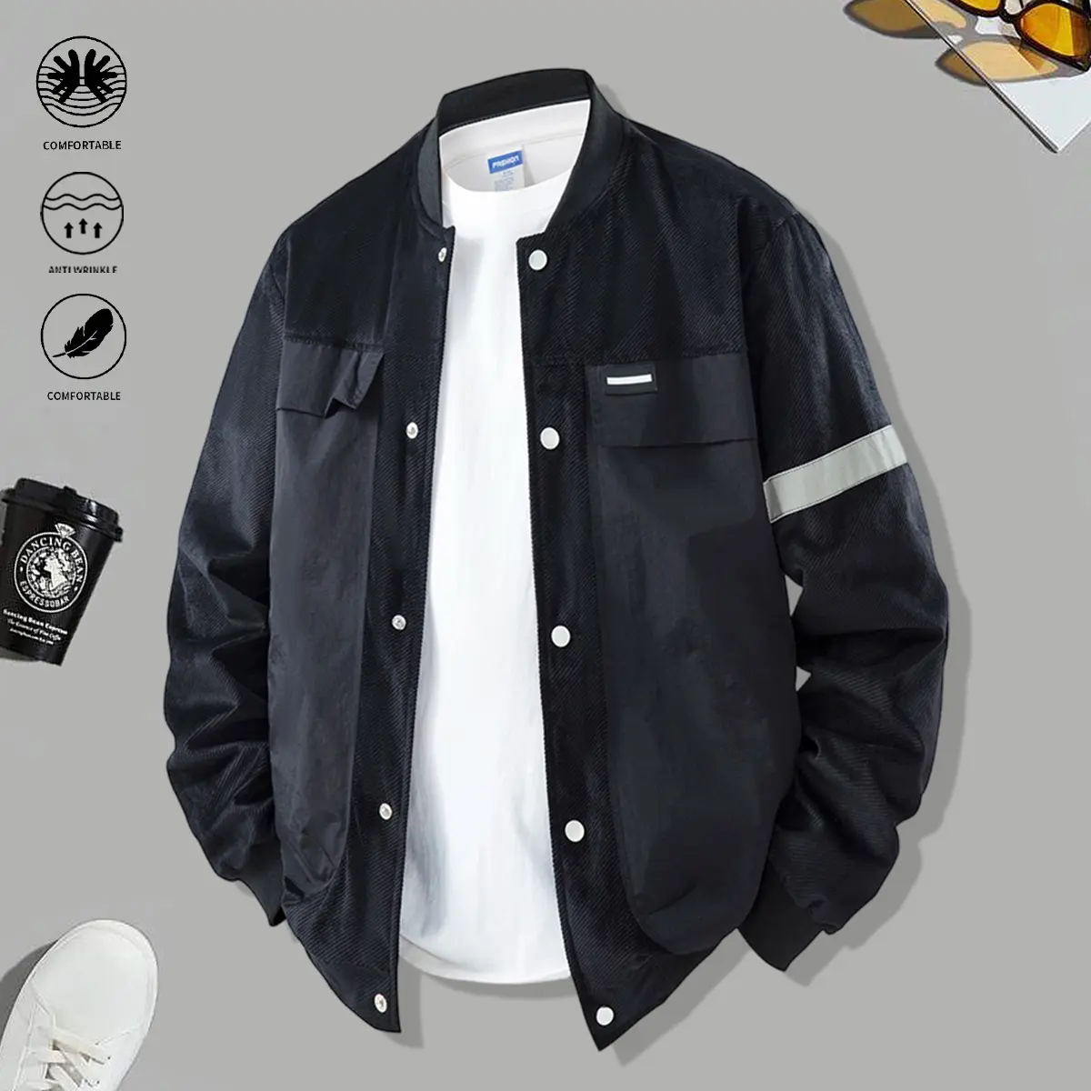 Men’s outdoor workwear jacket with turn-down collar, button design, fashionable outerwear, trendy versatile jacket, men’s coat