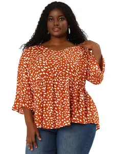 Agnes Orinda Plus Size Babydoll Polka Dots 3/4 Sleeve Peplum Blouse Top