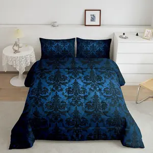 Gothic Bedding Sets,Victorian Comforter Set,Black Damask Comforter Set,Vintage Baroque Goth Bed Set,Black Floral Bohemian Decor Blue Comforter Set