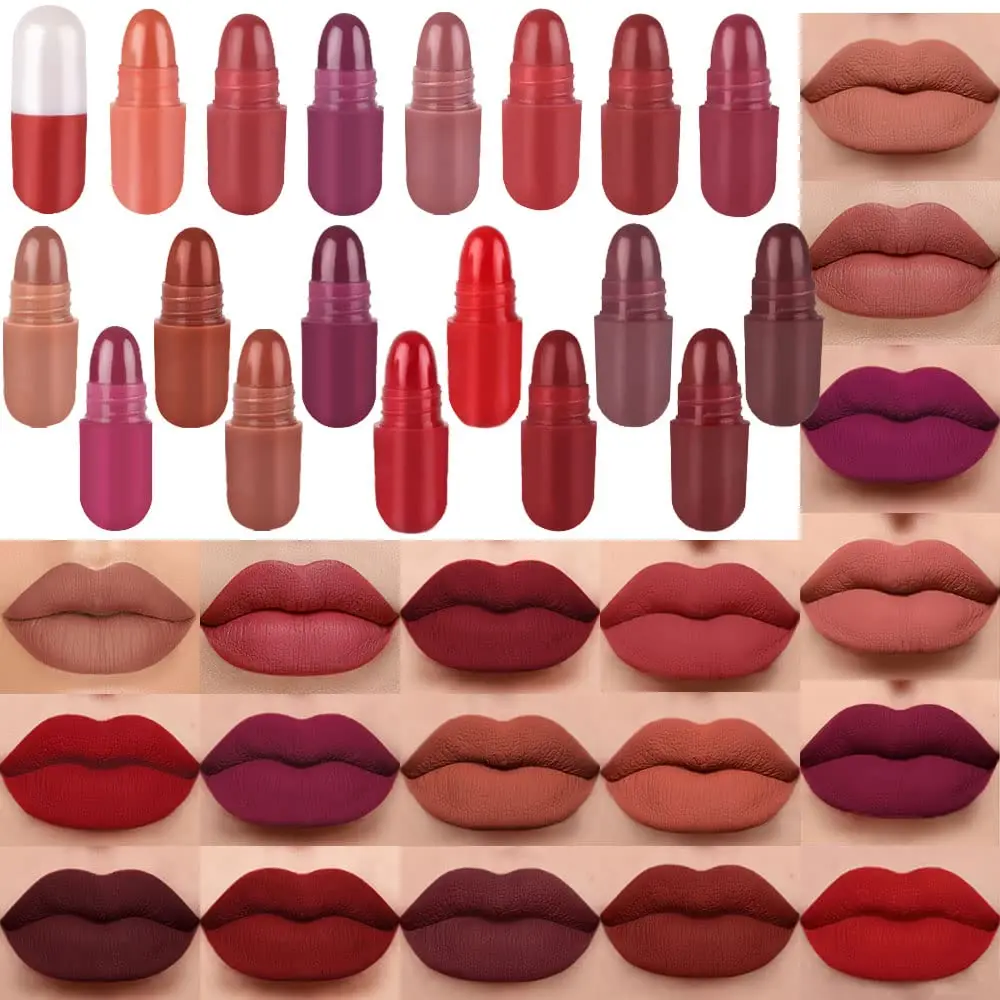 18 Color Capsule Matte Lipstick Cosmetic Pouch Non Stick Cup Long Lasting Waterproof Non Fading Matte Lip Glossy Makeup Suitable For Beginners