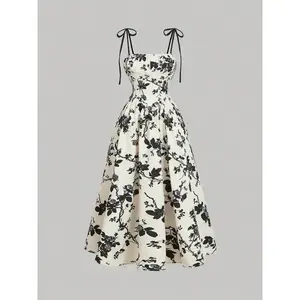 Women's Floral Print Tie Shoulder Cami Dress Bohemian Spaghetti Strap Sleeveless for Daily Outdoor Wear Womenswear Formal Black And White Boho