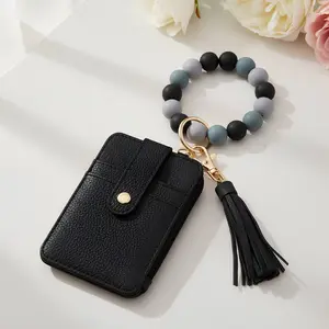 EMPTAN Wristlet Keychain Wallet for Women, Boho Style Beaded & Tassel Decor Wristlet Wallet, Women's Fashionable Keychain Credit Card Holder Purse, Gift for Her