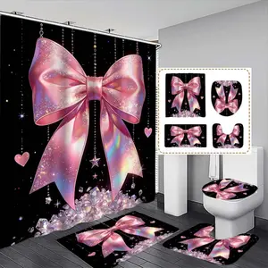 Bowknot & Colorful Diamond Print Shower Curtain Set, 12 Hooks, No Drilling Required, Modern Bathroom Divider, Home Decor Gift, Bathroom Decoration Accessories