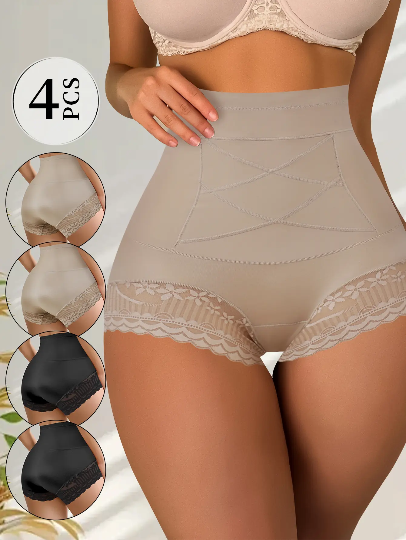 QUASTI 4 Packs High-Waisted Tummy Control Panties, Ultra-Breathable Comfortable for Postpartum Tummy Control Hip Lifting, Contrast Print Lace Edge Women's Panties, S-XXL