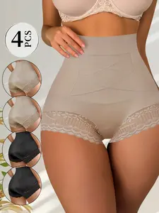 QUASTI 4 Packs High-Waisted Breathable Lace Sexy Tummy Control Panties, Solid Color Comfortable for Postpartum Hip Lifting Underwear,  Crossover Design Ashionable and Elegant Aesthetics Women's Briefs, S-XXL