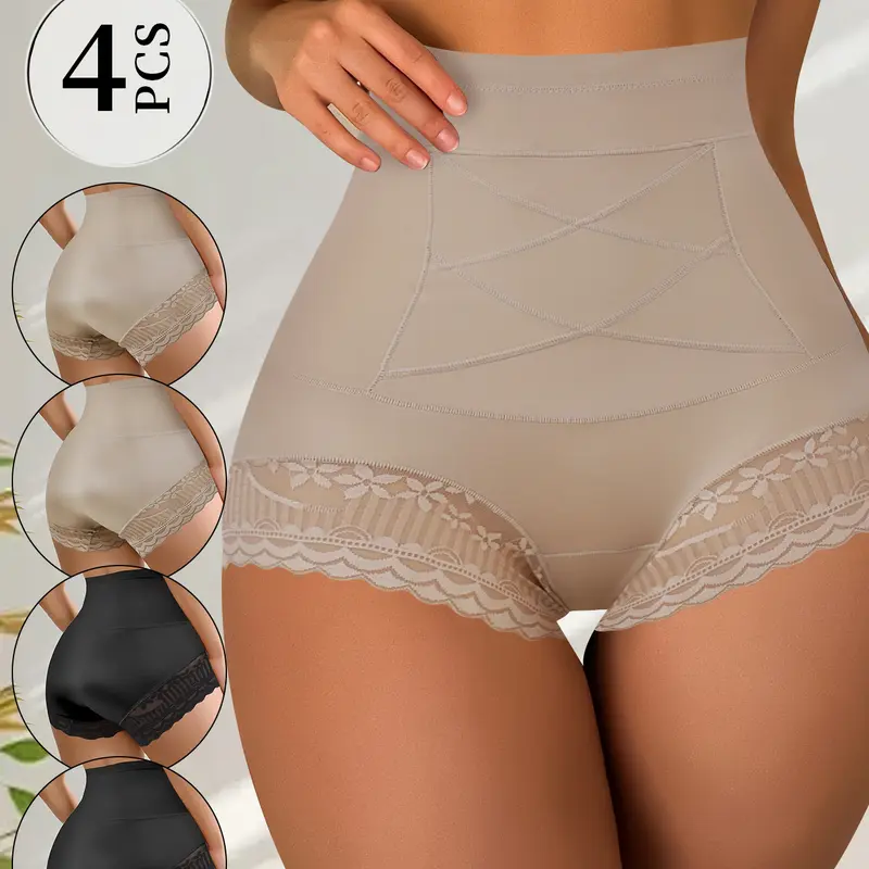 QUASTI 4 Packs High-Waisted Tummy Control Panties, Ultra-Breathable Comfortable for Postpartum Tummy Control Hip Lifting, Contrast Print Lace Edge Women's Panties, S-XXL