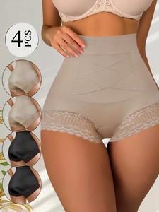 QUASTI Women's High-Waisted Shapewear Panties 4-Pack (2*Amber+2*Black) - Breathable Lace, Tummy Control, Crossover Design, Postpartum Hip Lifting, Solid Color, Comfortable Aesthetic Briefs (S-XXL) summerwins