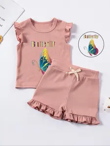 Two-Piece Set Toddler Girl's Butterfly Print Tee & Lace Trim Shorts, Cute Round Neck Short Sleeve T-Shirt & Elastic Waist Bottoms, Casual Summer Outfits Clothes for Kids, Baby Clothing Gift Sets
