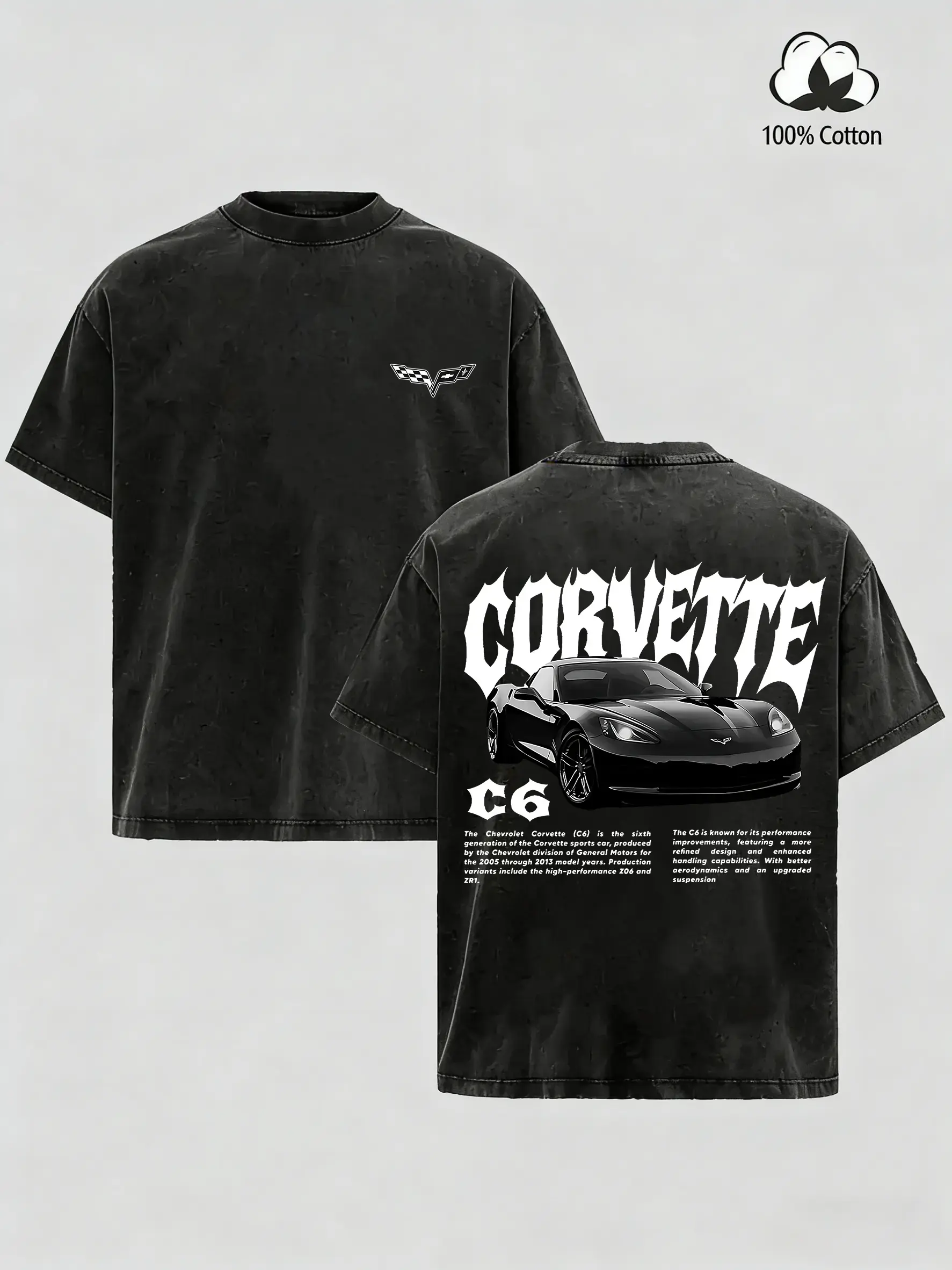 Vintage Washed Corvette C6 Graphic T-Shirt, Washed Racing Car Tee, 100% Cotton Crewneck, Classic Sports Car Merch for Men & Boys, Trendy Retro Unisex Top Black Casual