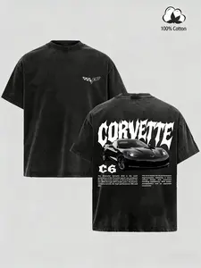 Vintage Washed Corvette C6 Graphic T-Shirt, Washed Racing Car Tee, 100% Cotton Crewneck, Classic Sports Car Merch for Men & Boys, Trendy Retro Unisex Top