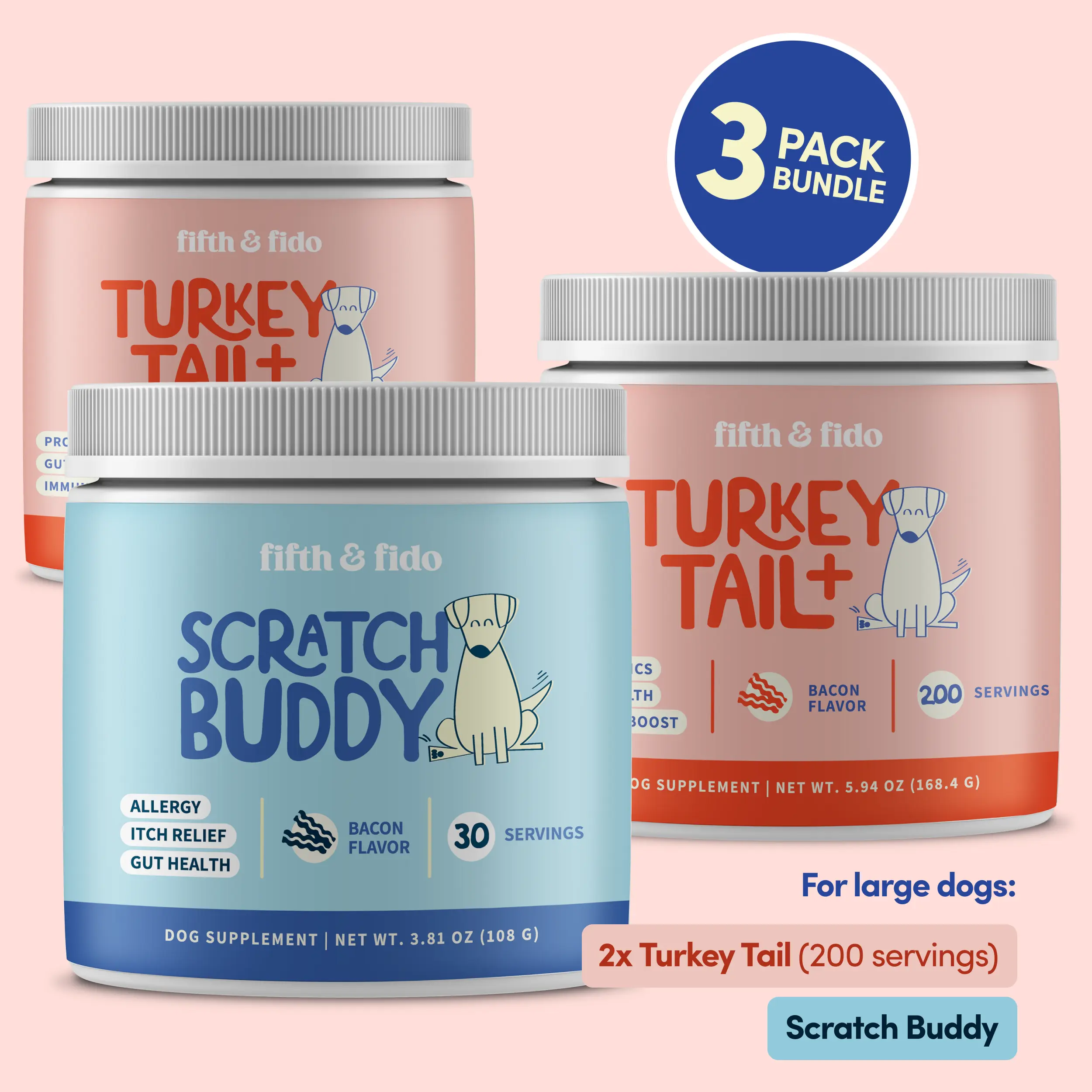 Fifth & Fido Dog Wellness Bundle Pack - Scratch Buddy Grooming Tool, Turkey Tail Mushroom Gentle Mix-In Supplement (2x200 Servings) with Spirulina, Bovine Colostrum, Boswellia for Skin Relief, Itch & Allergy Support, Immunity Boost, Bacon Flavor, Krill Co