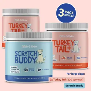 The Ultimate Dog Wellness Bundle | Scratch Buddy Grooming Tool + Turkey Tail Mushroom Supplement (2 x 200 Servings) | Allergy Relief, Itch Support & Immune Boost for Dogs