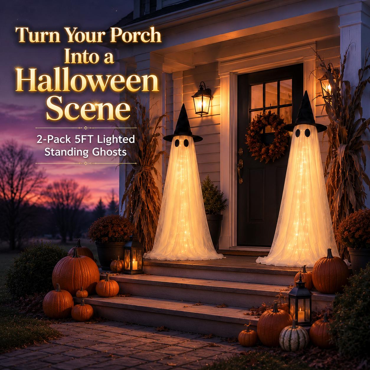 2Packs Halloween Decorations Outdoor, Halloweens Party Decoration Indoor, Spooky Ghost With Remote Control String Lights, Halloween-Ghost Lights For Porches Yards Gardens Lawn