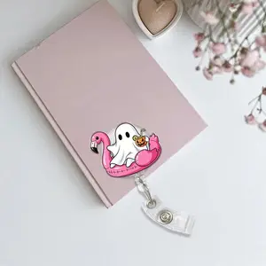Summer Ghost Badge Reel, Spooky Flamingo Floatie ID Holder, Halloween Beach Badge Clip for Nurses, Teachers, Office Staff, Nurse Accessories