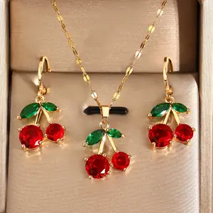 1 set of cute style necklace and earring set, exquisite red cherry design, light luxury, elegant and fashionable jewelry accessory, suitable for gifting, daily gatherings, parties, celebrations, and holiday wear