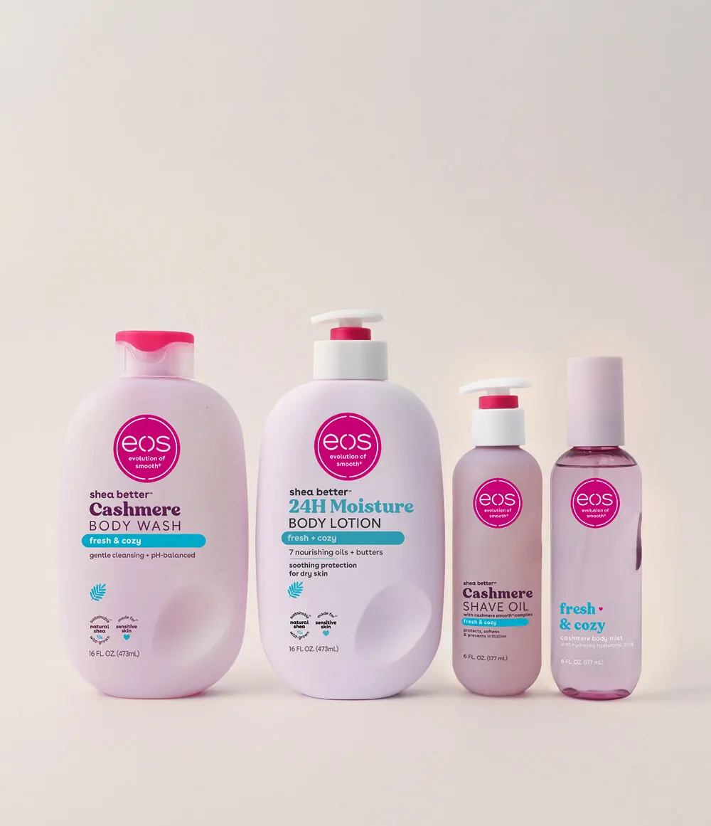 Fresh & Cozy Shower Essentials- Body Lotion, Body Wash, Body Mist, Shave Oil, 4-Pack
