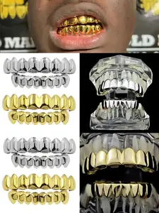 2Pcs/Set 18K Golden Plated Polished Cosmetic Tooth Grillz Set, Shiny Upper & Lower Grill, Vampire Fang Teeth Jewelry, Hip Hop Accessories, Gift For Men, Christmas, Halloween, Birthday