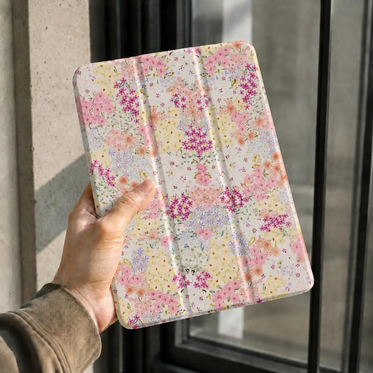 Pastel Wildflower Case for iPad, Clear Back Tri-Fold Stand Cover, Cute Watercolor Floral Protective Tablet Case with Reinforced Corners