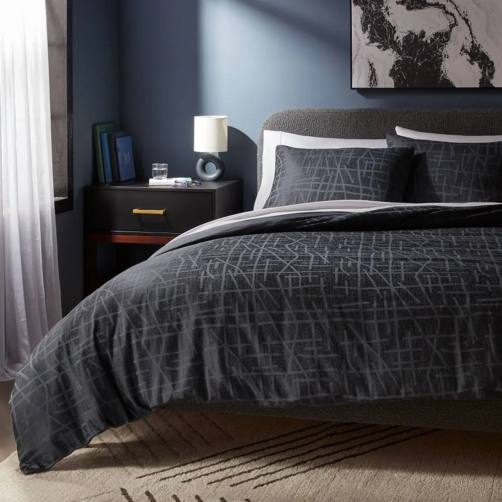3pc Full/Queen Luxe Jacquard Duvet Cover and Sham Set Blue - Threshold: Cotton Blend Hidden Button Closure 240 Thread Count