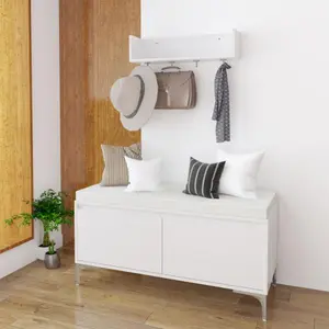 Wall-Mounted Entryway Set with Storage Bench & Hooks - White Shoe Cabinet, Cushioned Seat, Closed Storage for Hallway, Mudroom